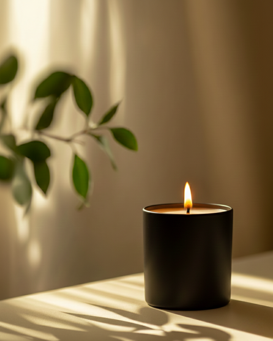 Leuchtende Kerze in einem schwarzen Formbehälter von Artisanflame