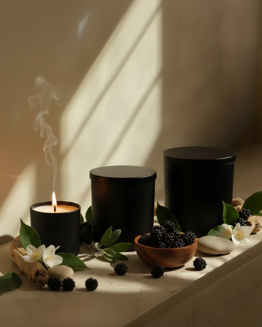Drei Artisanflame Sojakerzen Duft Baies Sauvage, schwarze Gläser umgeben von wilden dunklen Brombeeren und zarten Jasminblüten.